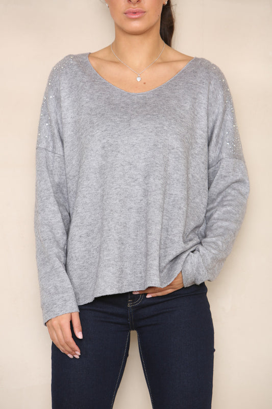 DIAMANTE SHOULDER DETAIL KNIT JUMPER GREY