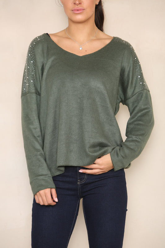 DIAMANTE SHOULDER DETAIL KNIT JUMPER KHAKI