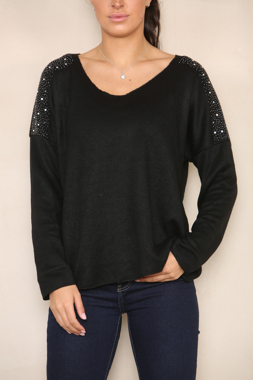DIAMANTE SHOULDER DETAIL KNIT JUMPER BLACK