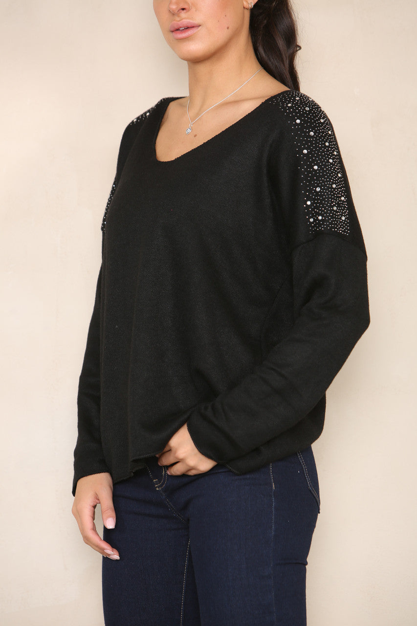 DIAMANTE SHOULDER DETAIL KNIT JUMPER BLACK
