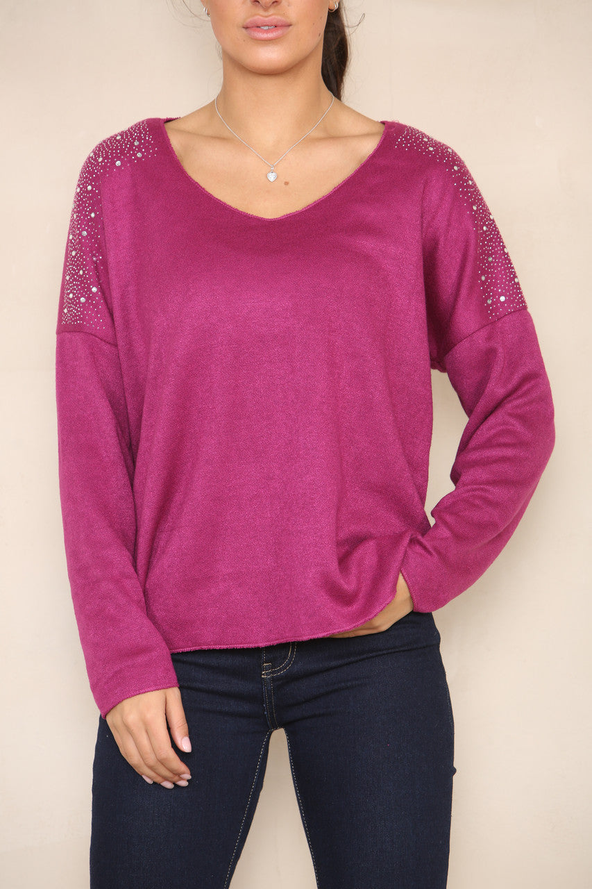 DIAMANTE SHOULDER DETAIL KNIT JUMPER PURPLE