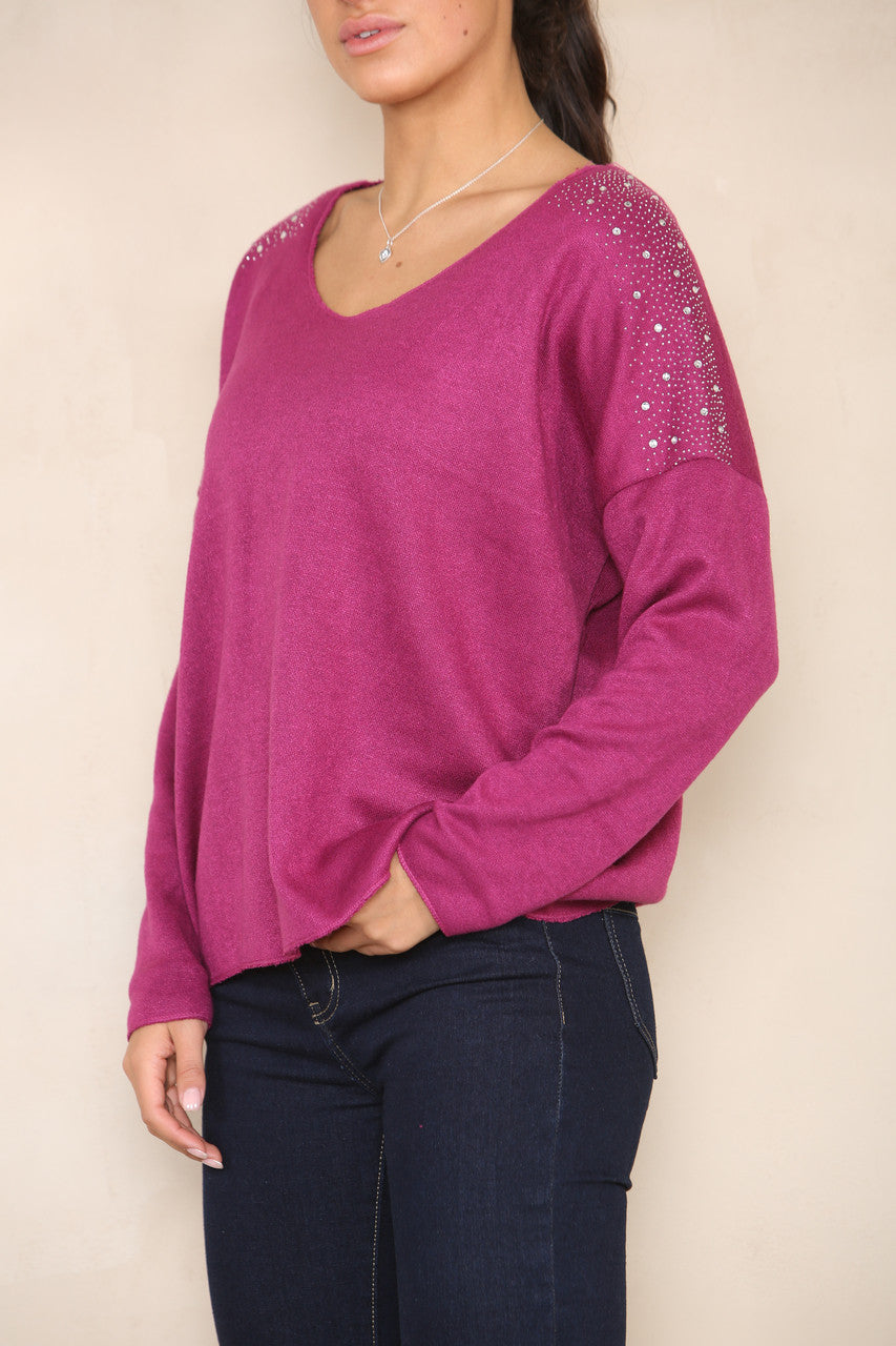 DIAMANTE SHOULDER DETAIL KNIT JUMPER PURPLE