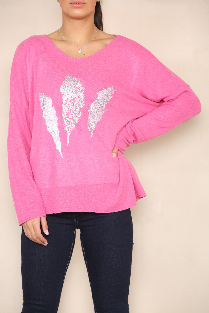 FOIL FEATHERS FINE KNIT JUMPER CERISE