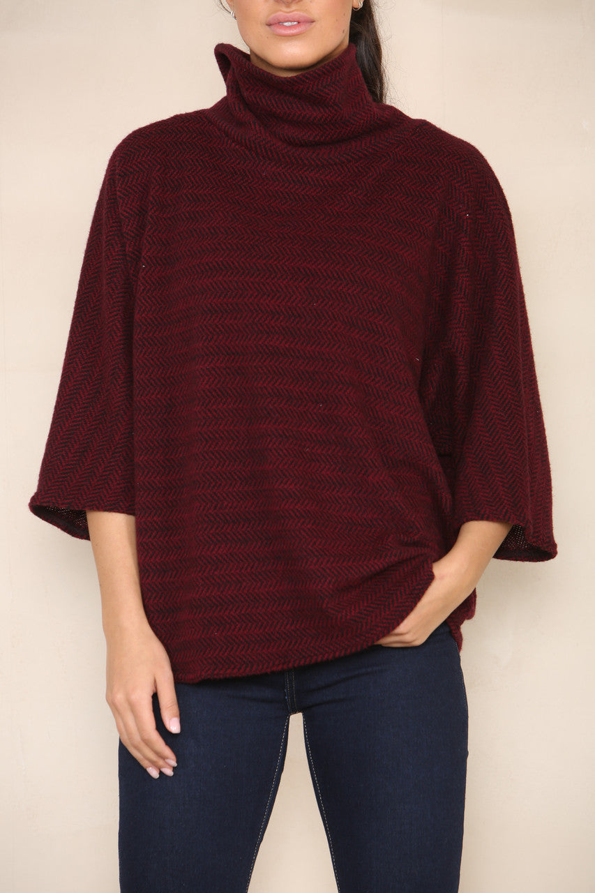 HERRINGBONE YARN KNIT COWL NECK JUMPER BURGUNDY