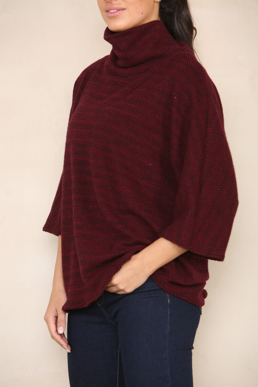 HERRINGBONE YARN KNIT COWL NECK JUMPER BURGUNDY
