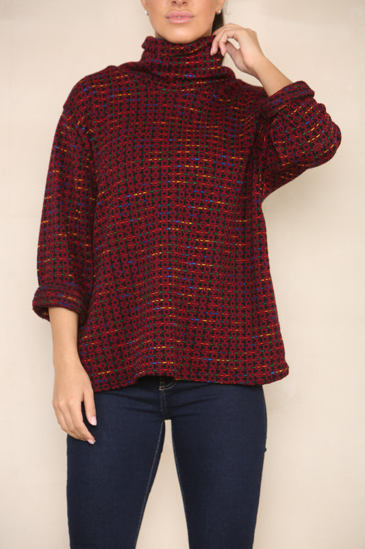 COLOUR FLECK YARN KNIT ROLL NECK JUMPER BURGUNDY