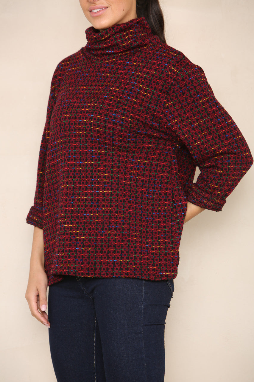 COLOUR FLECK YARN KNIT ROLL NECK JUMPER BURGUNDY