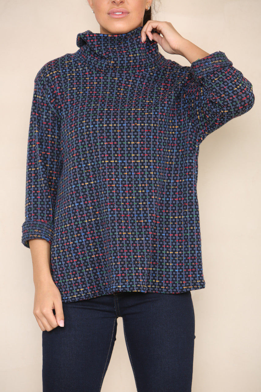 COLOUR FLECK YARN KNIT ROLL NECK JUMPER DENIM