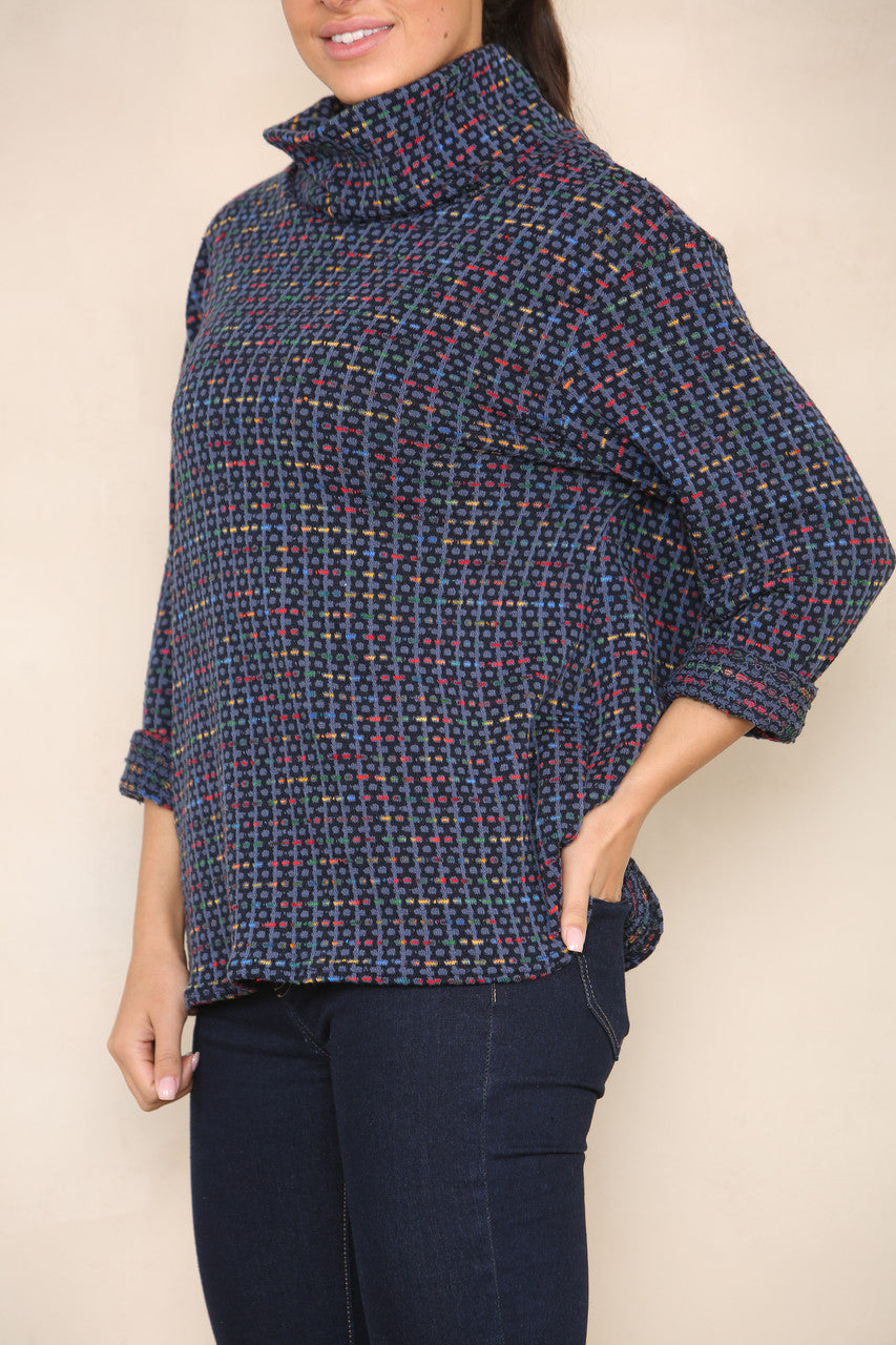 COLOUR FLECK YARN KNIT ROLL NECK JUMPER DENIM