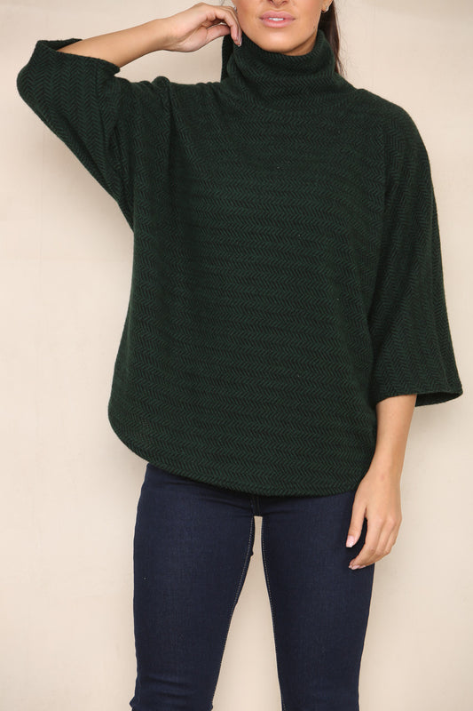 HERRINGBONE YARN KNIT COWL NECK JUMPER GREEN