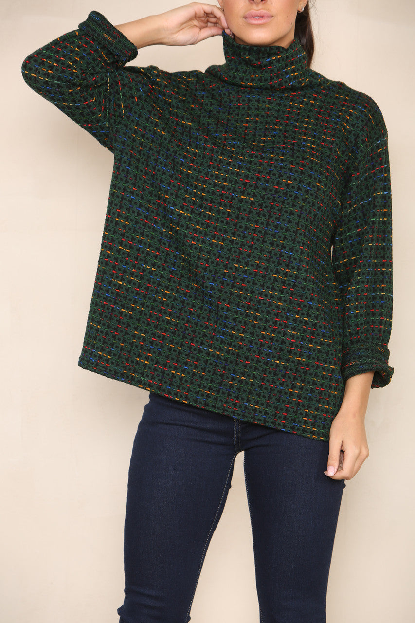 COLOUR FLECK YARN KNIT ROLL NECK JUMPER GREEN
