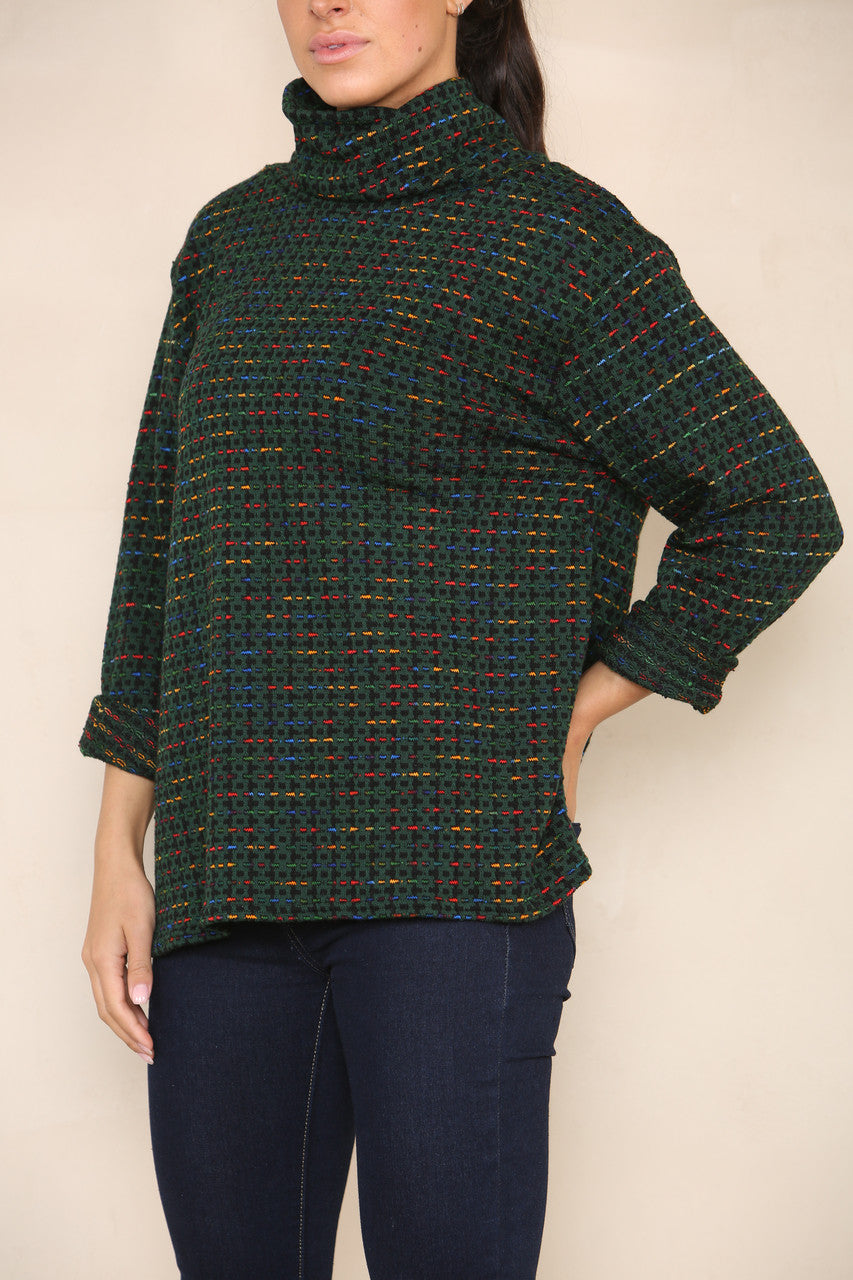 COLOUR FLECK YARN KNIT ROLL NECK JUMPER GREEN