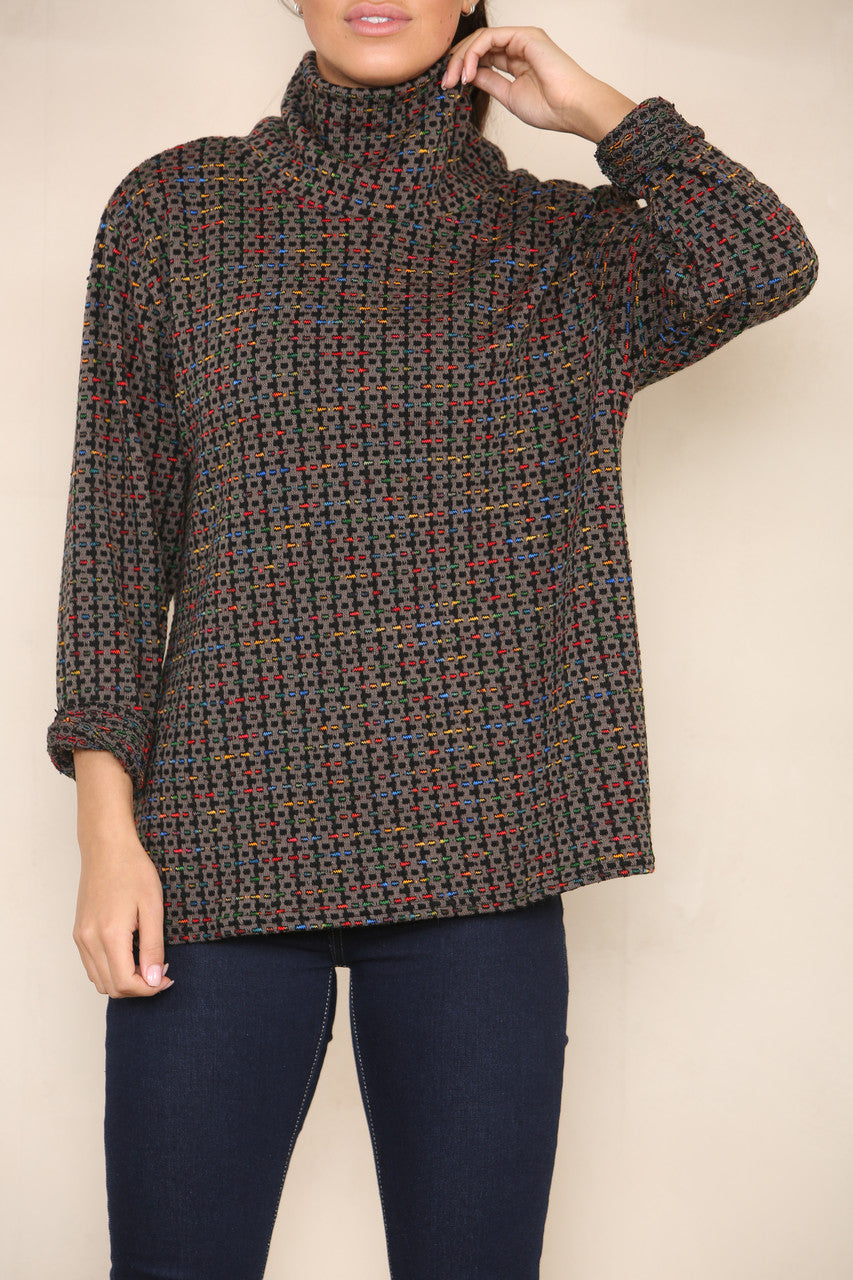 COLOUR FLECK YARN KNIT ROLL NECK JUMPER BROWN