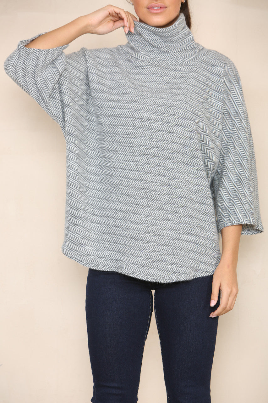 HERRINGBONE YARN KNIT COWL NECK JUMPER GREY