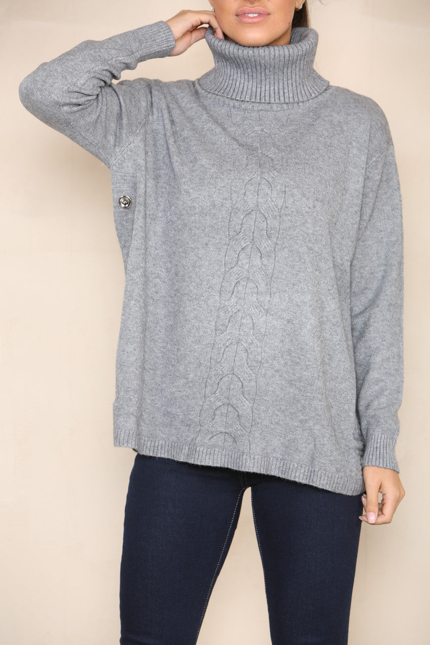 CABLE & BUTTON DETAIL SOFT KNIT JUMPER GREY