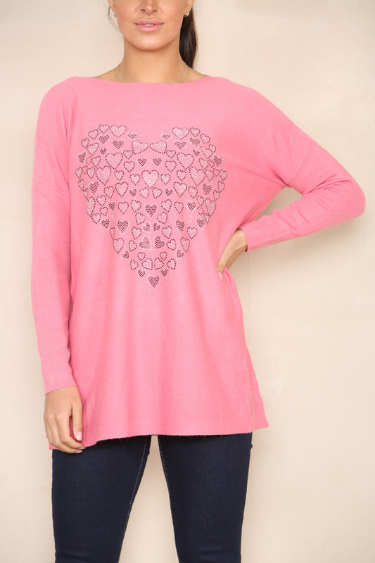 SEQUIN HEART OF HEARTS SOFT KNIT JUMPER PINK