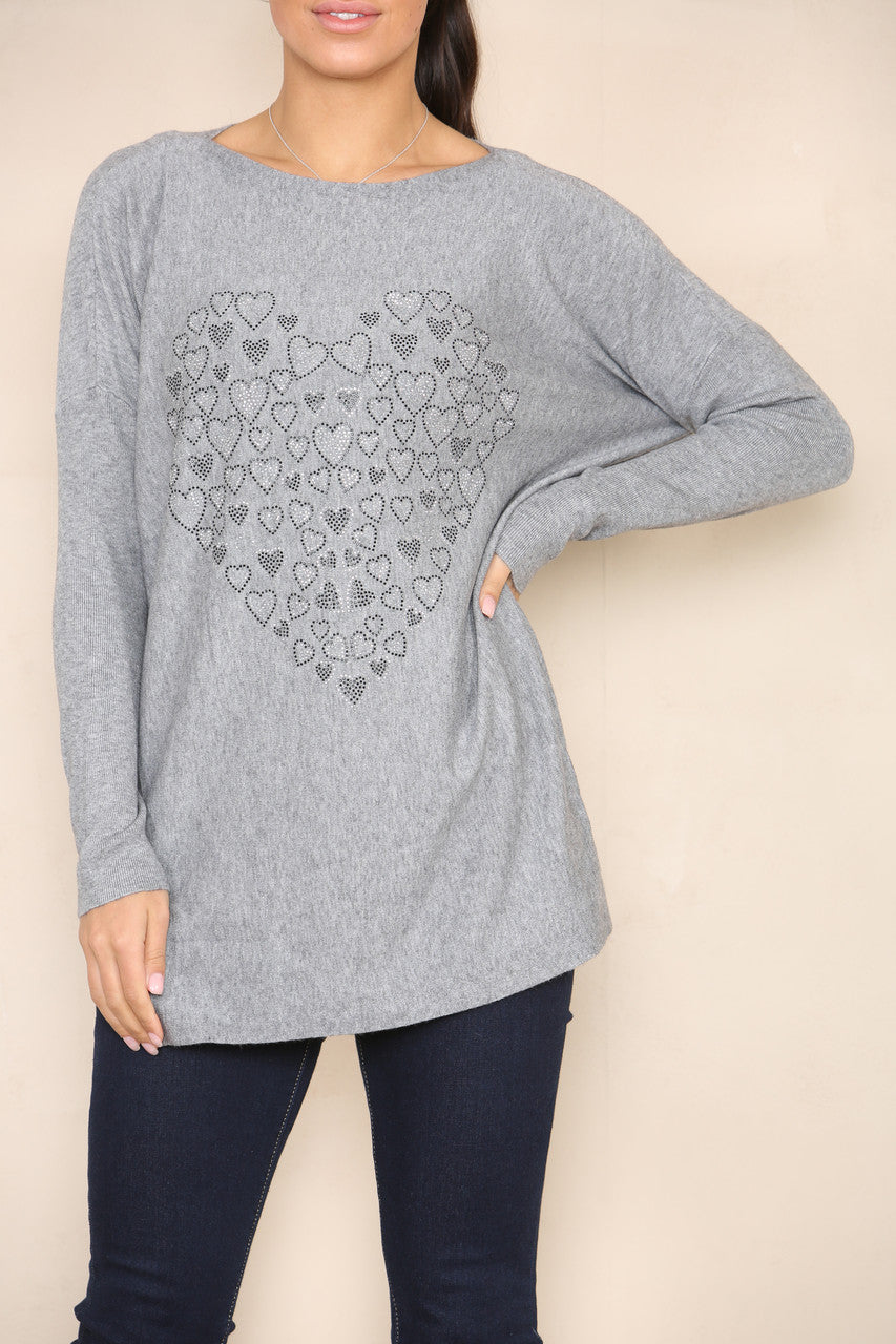 SEQUIN HEART OF HEARTS SOFT KNIT JUMPER GREY