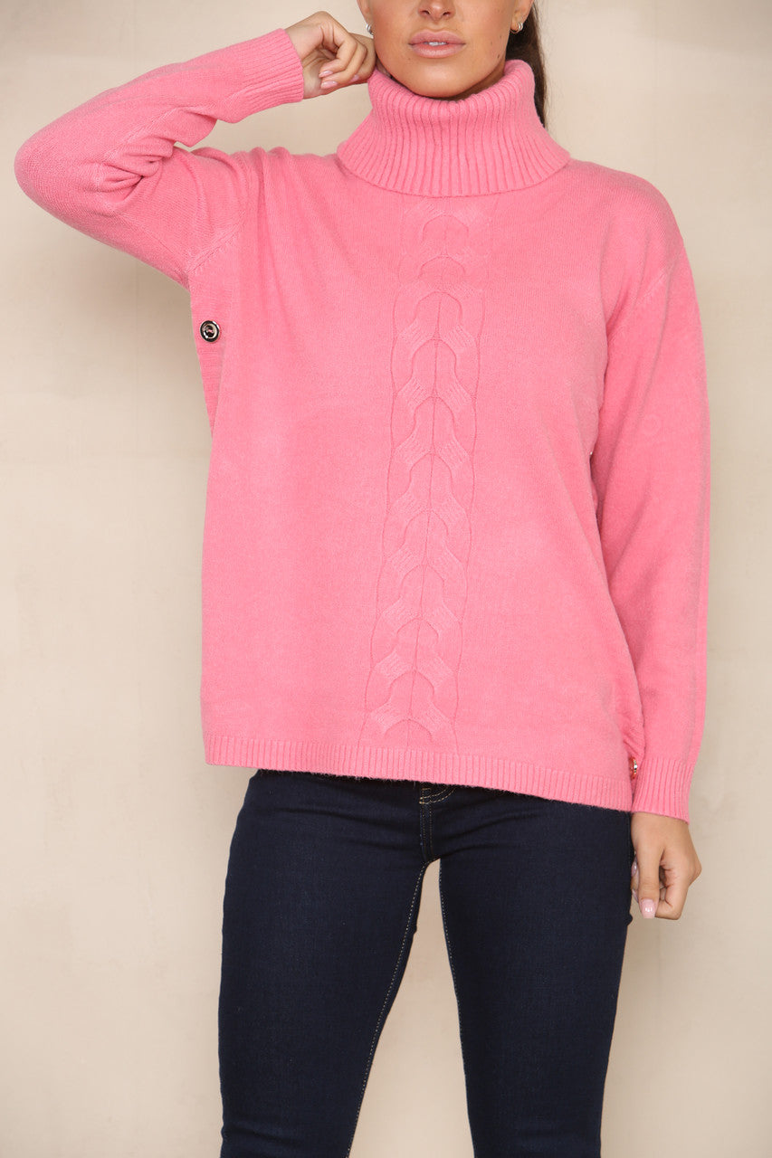 CABLE & BUTTON DETAIL SOFT KNIT JUMPER PINK