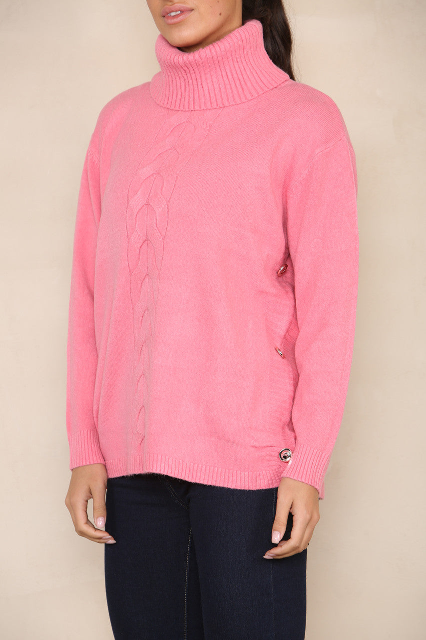 CABLE & BUTTON DETAIL SOFT KNIT JUMPER PINK