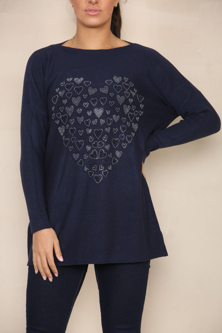 SEQUIN HEART OF HEARTS SOFT KNIT JUMPER NAVY