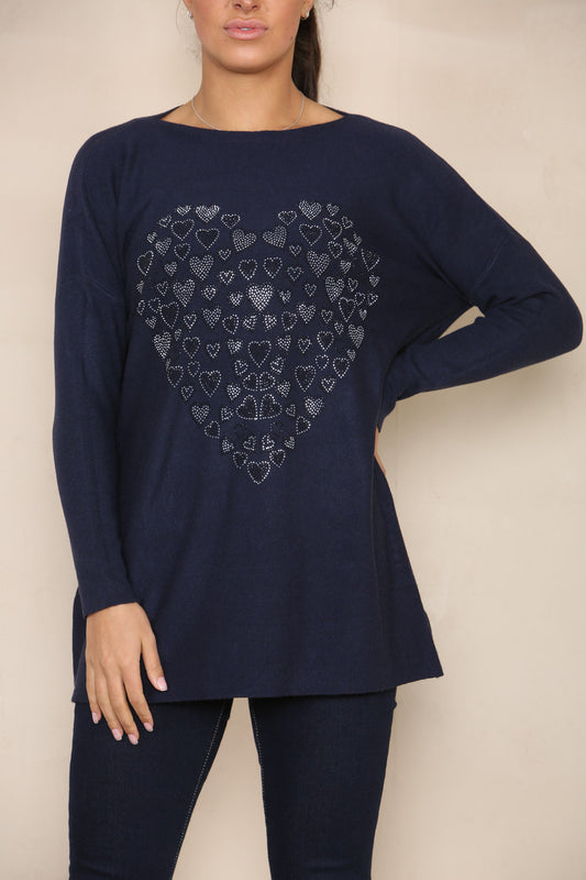 SEQUIN HEART OF HEARTS SOFT KNIT JUMPER NAVY