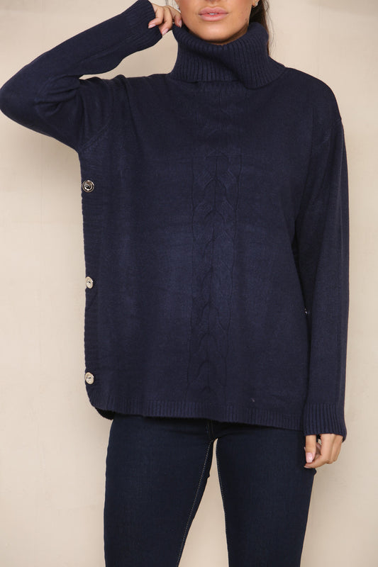 CABLE & BUTTON DETAIL SOFT KNIT JUMPER NAVY