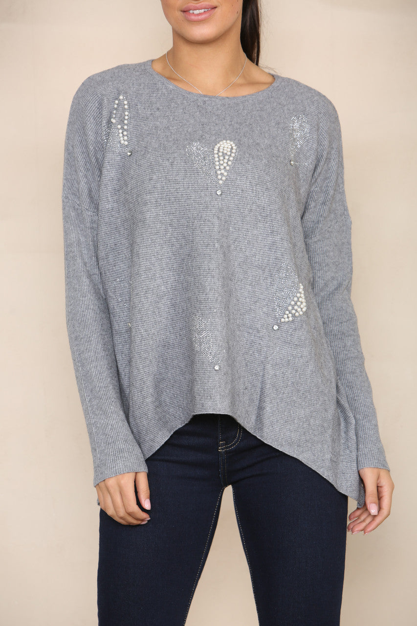 PEARL & SEQUIN HEART SOFT KNIT JUMPER GREY