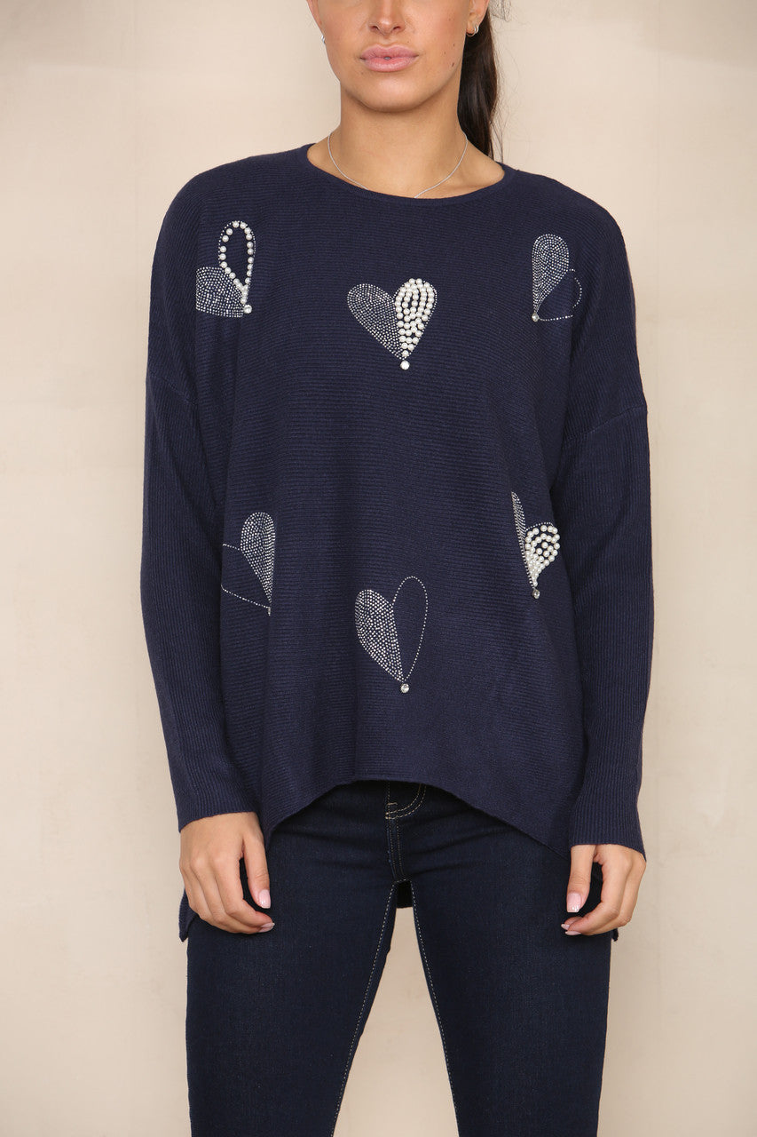 PEARL & SEQUIN HEART SOFT KNIT JUMPER NAVY