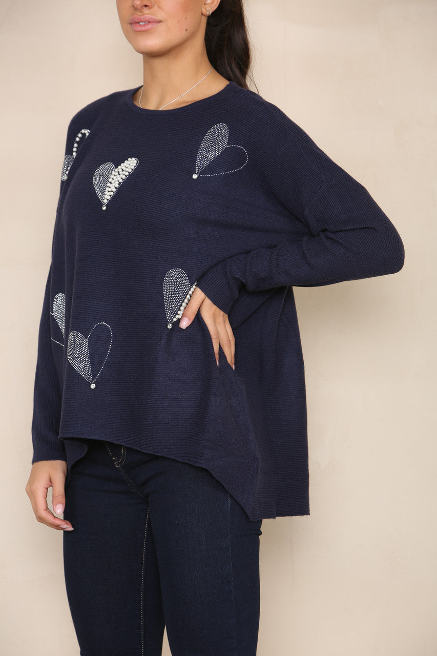 PEARL & SEQUIN HEART SOFT KNIT JUMPER NAVY