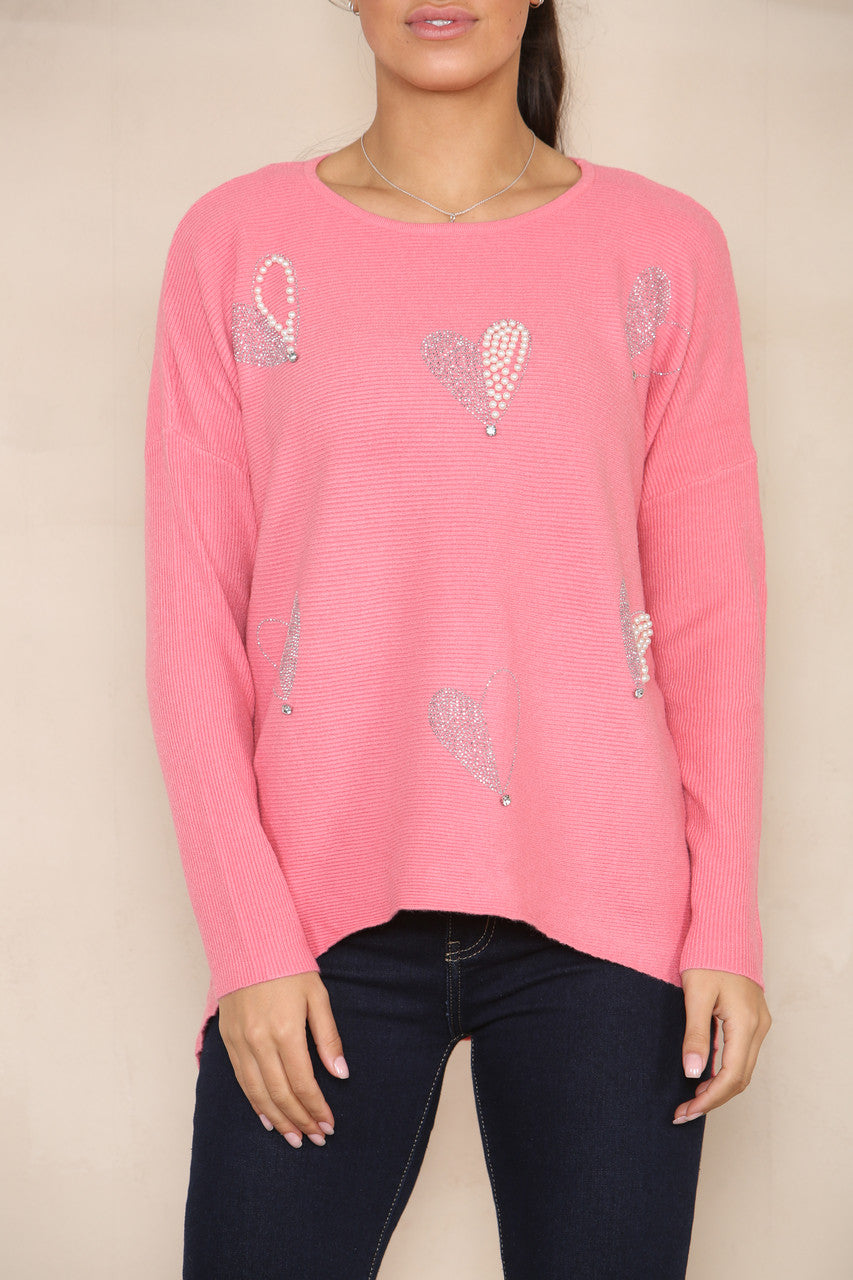 PEARL & SEQUIN HEART SOFT KNIT JUMPER PINK