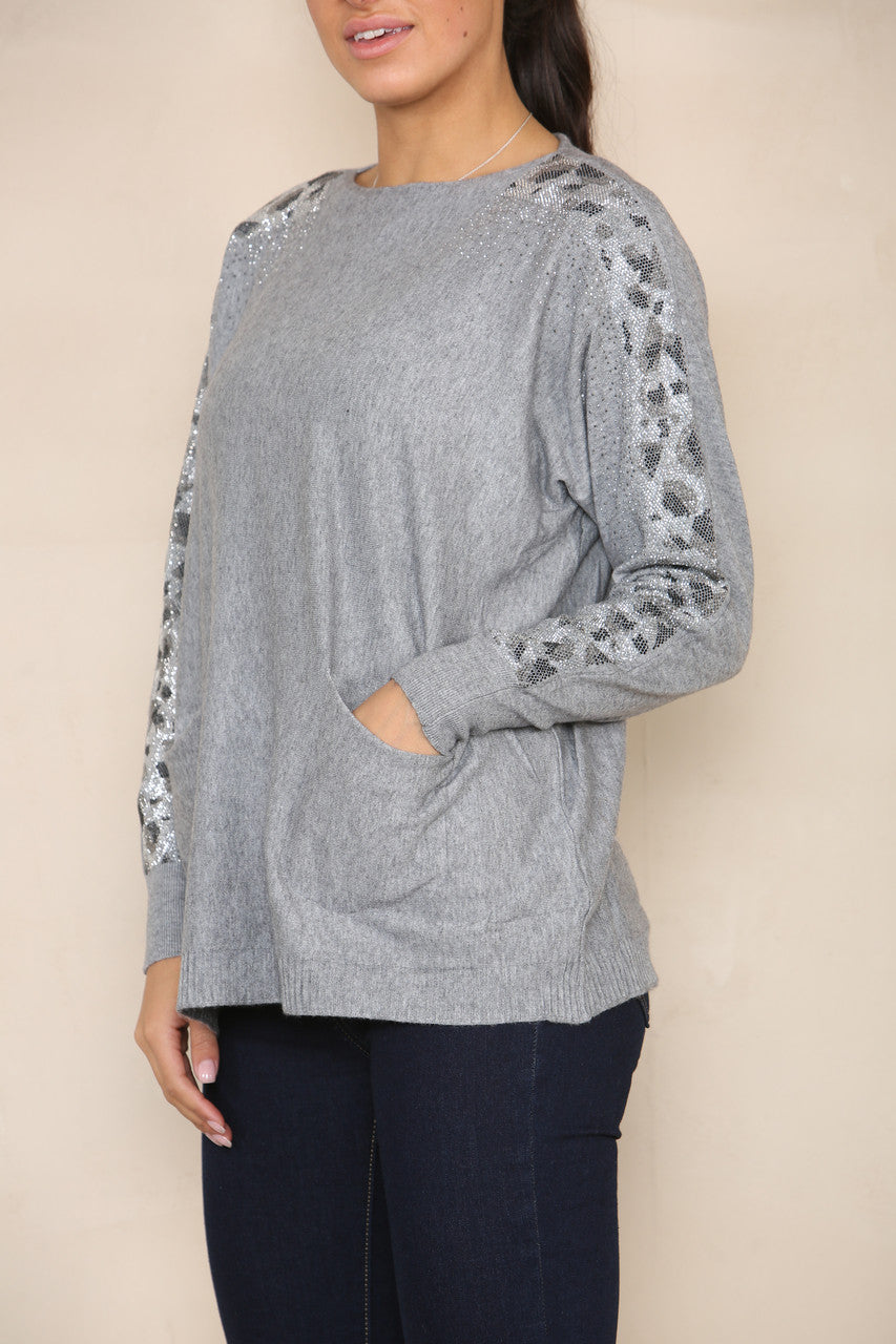 SEQUIN SLEEVE SOFT KNIT JUMPER GREY