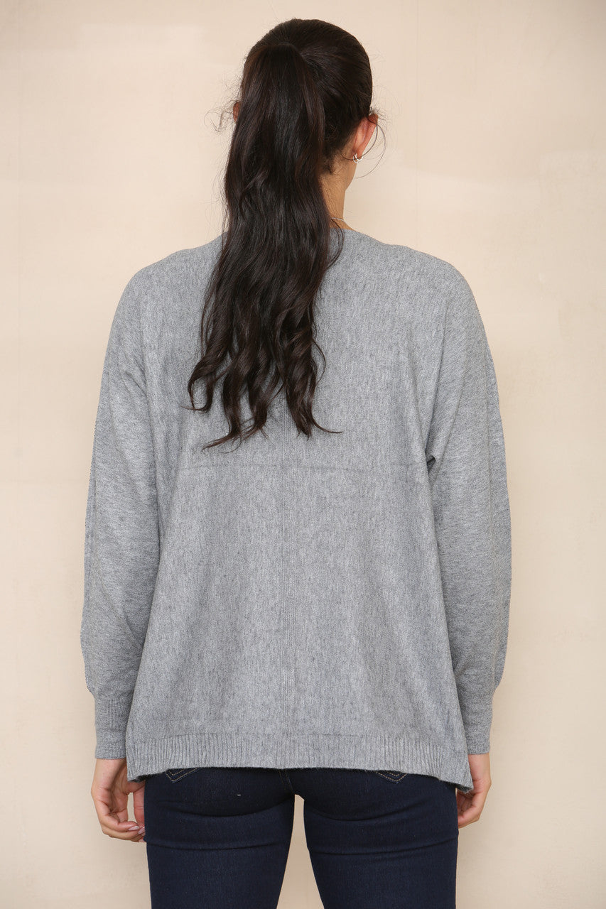 SEQUIN SLEEVE SOFT KNIT JUMPER GREY