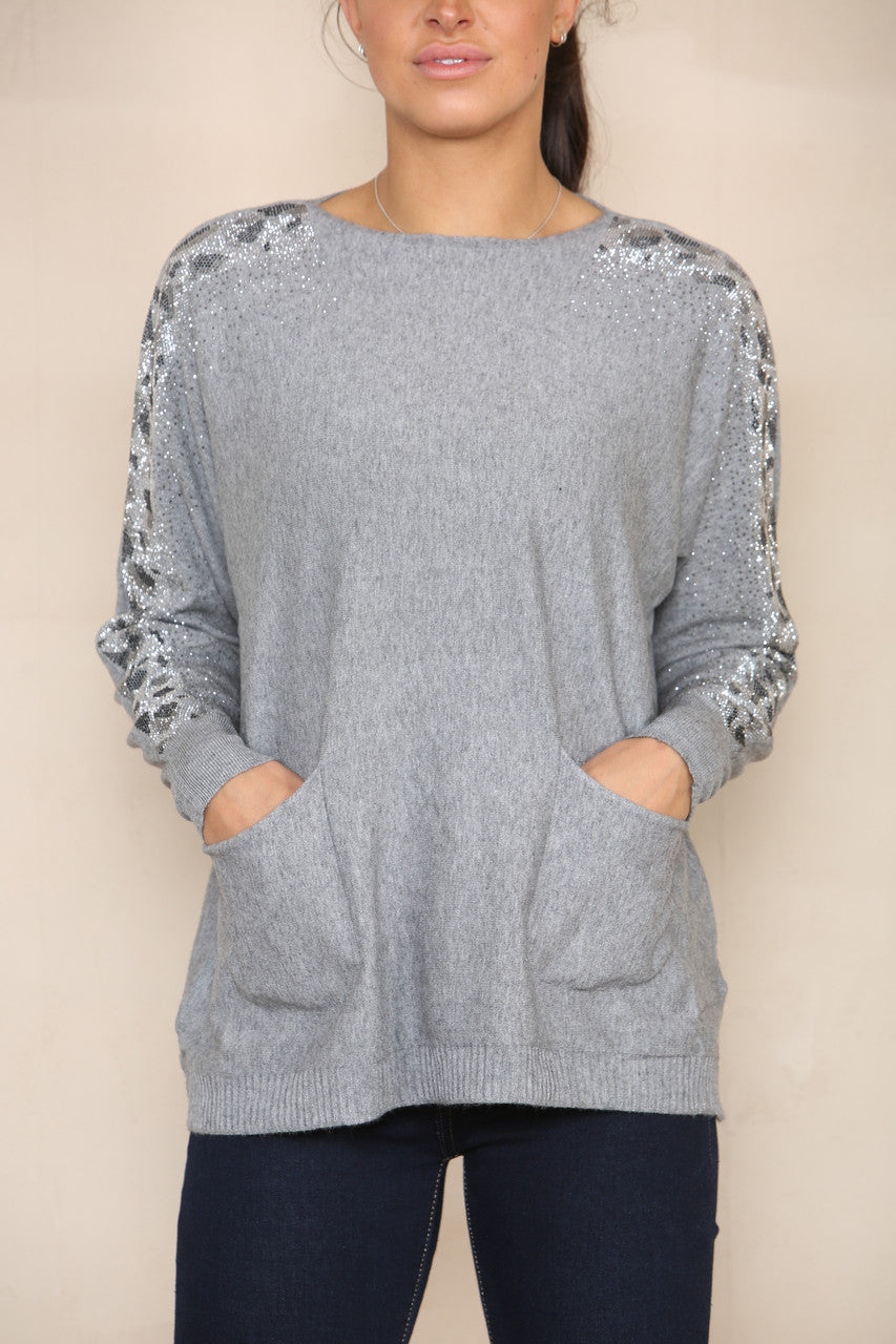 SEQUIN SLEEVE SOFT KNIT JUMPER GREY