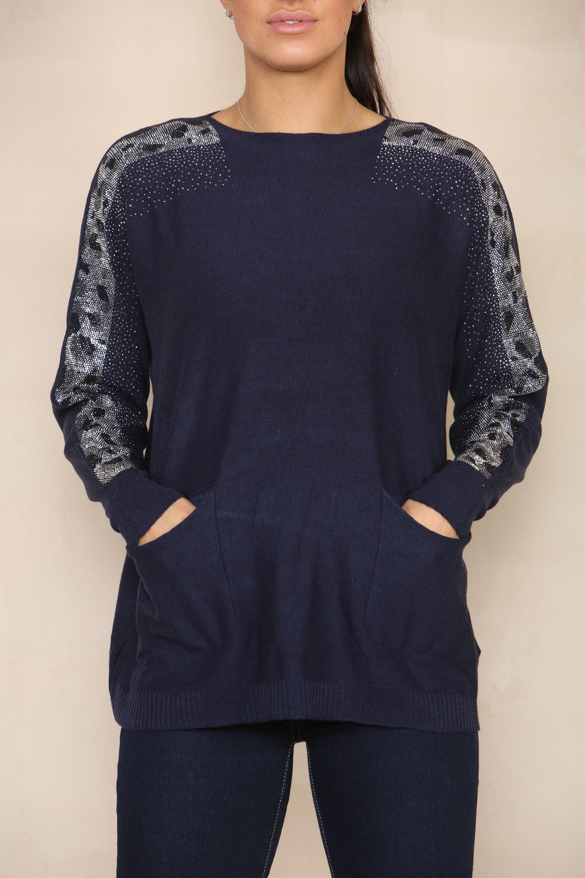 SEQUIN SLEEVE SOFT KNIT JUMPER NAVY