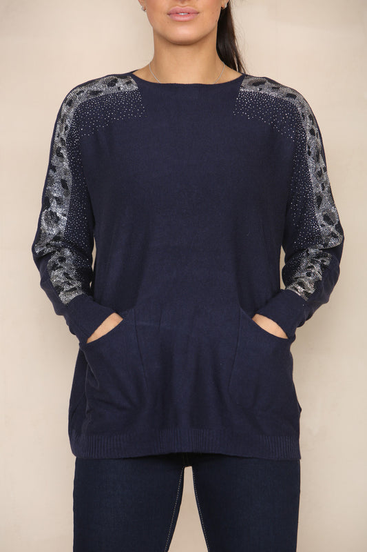 SEQUIN SLEEVE SOFT KNIT JUMPER NAVY