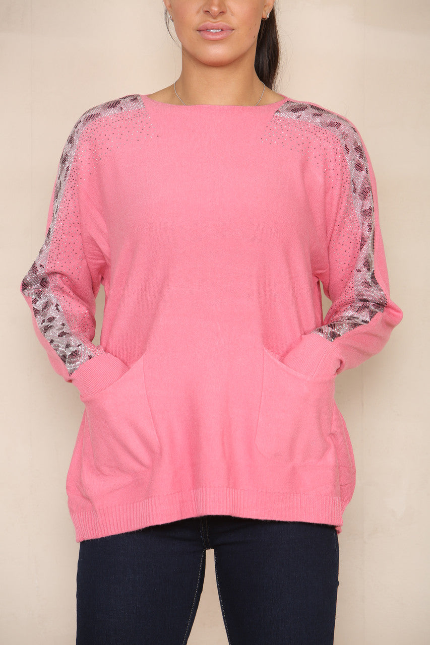 SEQUIN SLEEVE SOFT KNIT JUMPER PINK