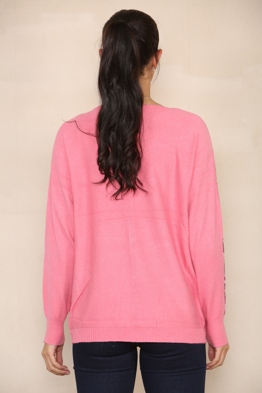 SEQUIN SLEEVE SOFT KNIT JUMPER PINK