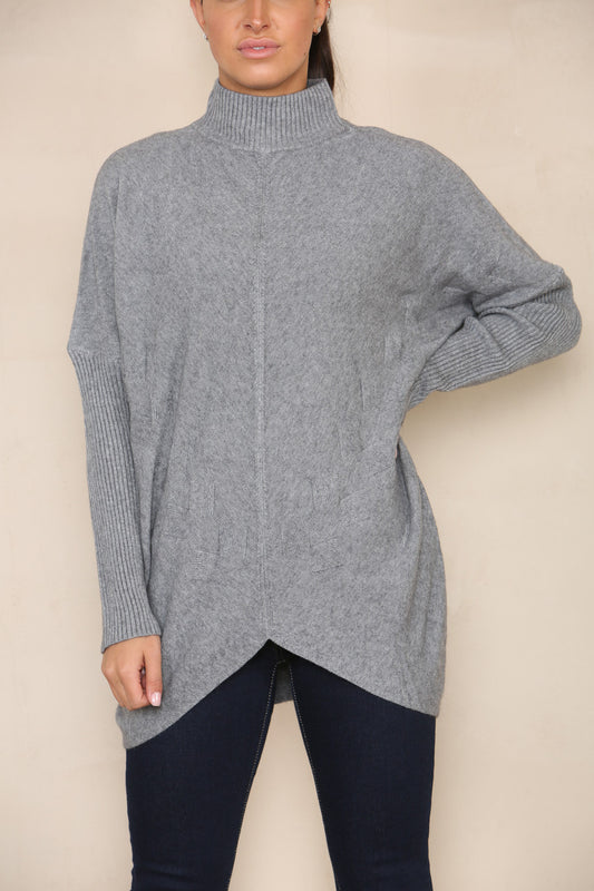 CABLE DETAIL BATWING SOFT KNIT JUMPER GREY