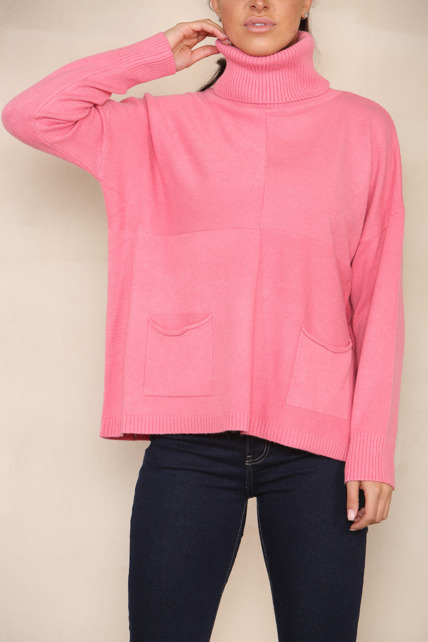 POCKET FRONT SOFT KNIT ROLL NECK JUMPER PINK