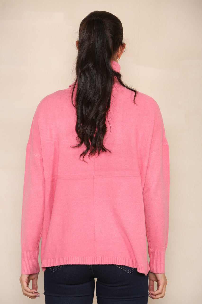 POCKET FRONT SOFT KNIT ROLL NECK JUMPER PINK