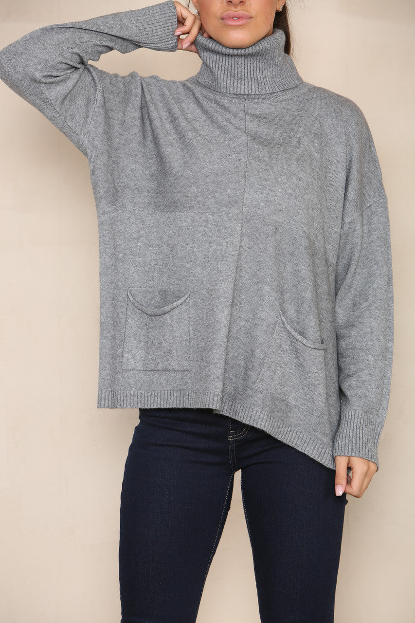 POCKET FRONT SOFT KNIT ROLL NECK JUMPER GREY