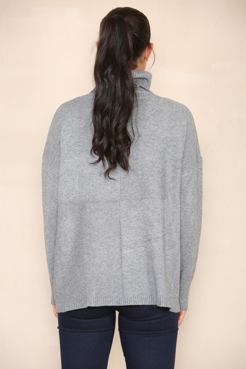 POCKET FRONT SOFT KNIT ROLL NECK JUMPER GREY