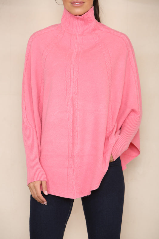 VERTICAL CABLE SOFT KNIT BATWING HIGH NECK JUMPER PINK