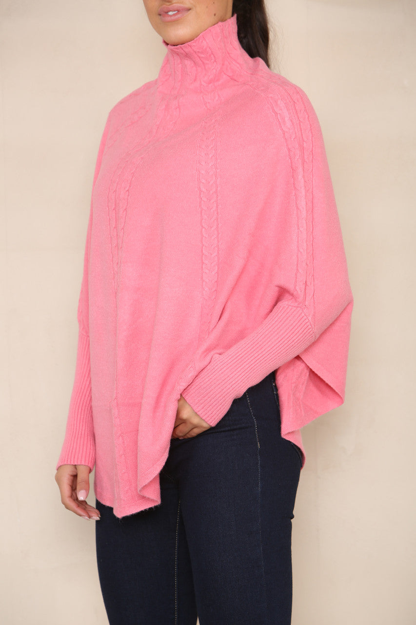 VERTICAL CABLE SOFT KNIT BATWING HIGH NECK JUMPER PINK