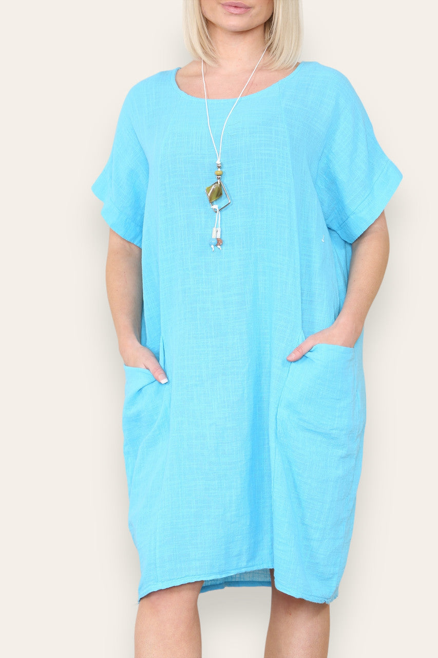 PLAIN TUNIC DRESS WITH POCKETS TURQUOISE