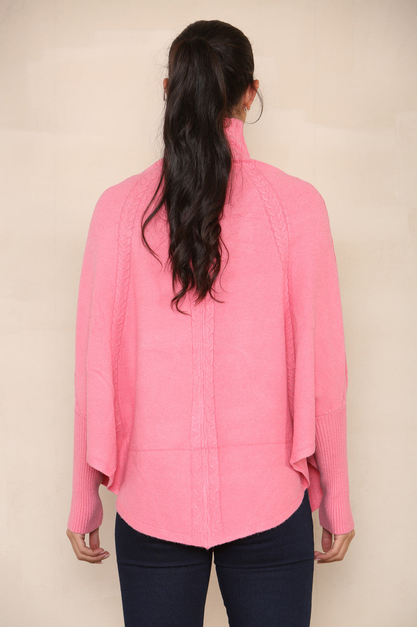 VERTICAL CABLE SOFT KNIT BATWING HIGH NECK JUMPER PINK