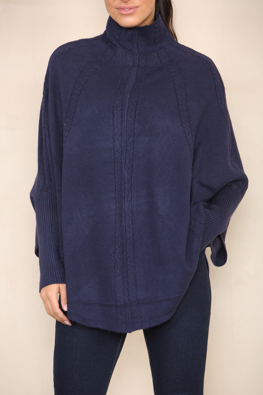 VERTICAL CABLE SOFT KNIT BATWING HIGH NECK JUMPER NAVY