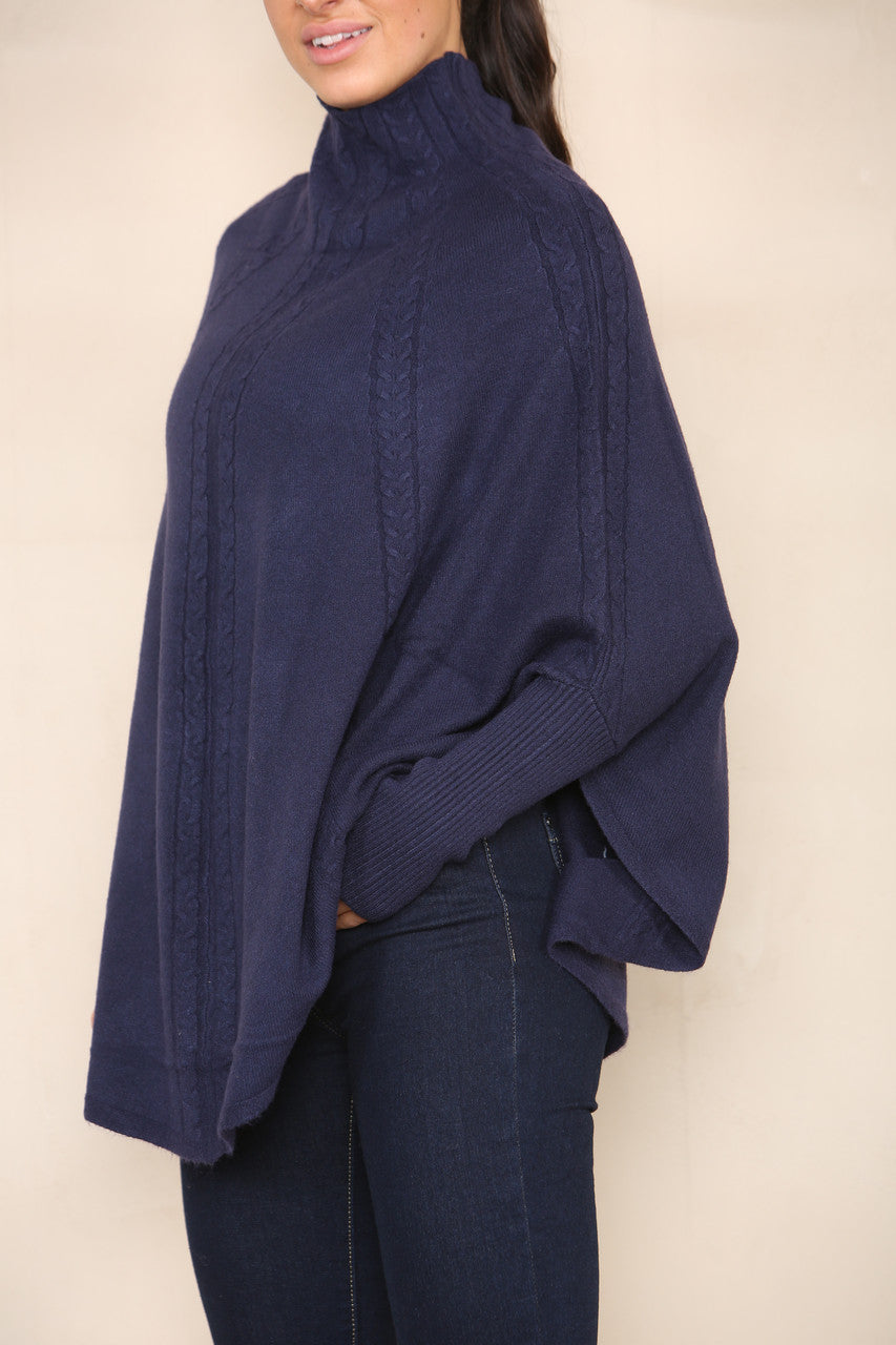 VERTICAL CABLE SOFT KNIT BATWING HIGH NECK JUMPER NAVY