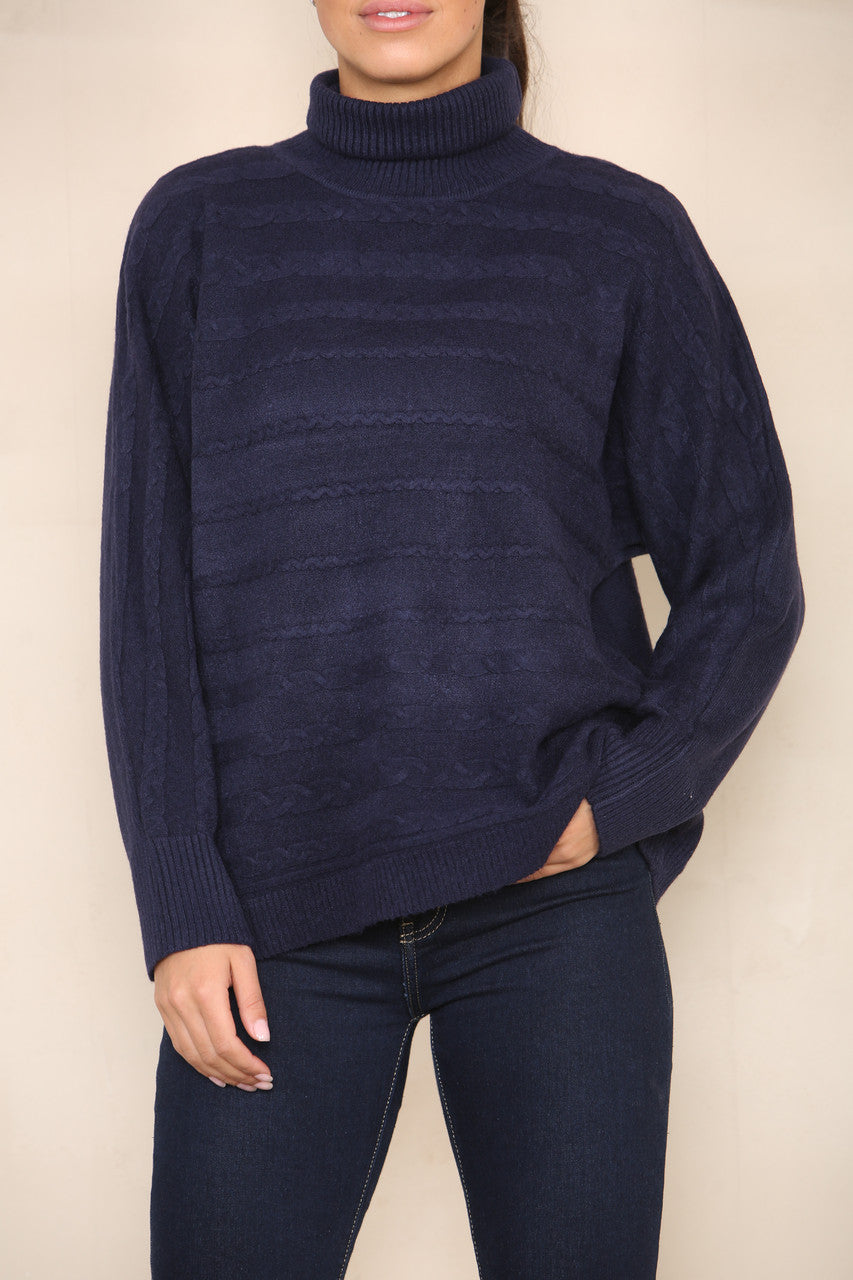 HORIZONTAL CABLE SOFT KNIT ROLL NECK JUMPER NAVY