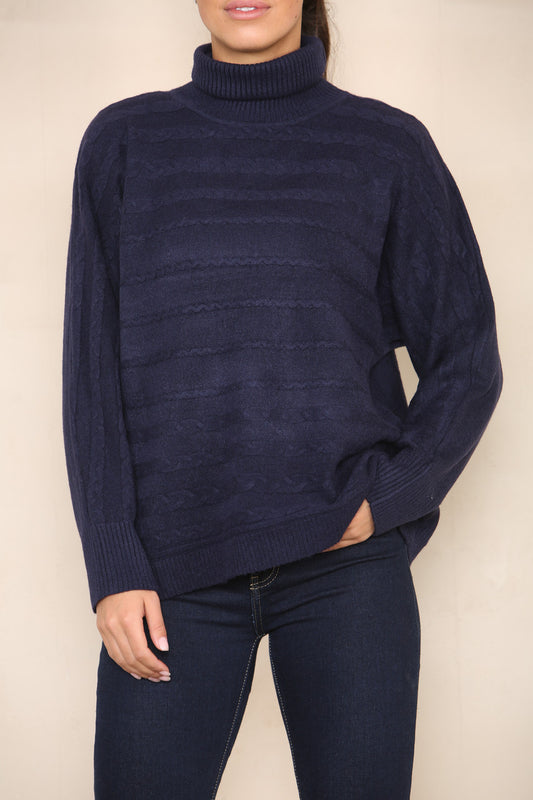 HORIZONTAL CABLE SOFT KNIT ROLL NECK JUMPER NAVY